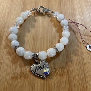 Hand Crafted Beaded Bracelet Mom Charm Pendant White Quartz Crystals Rhinestone